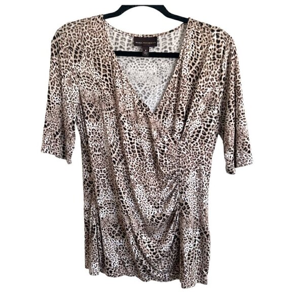 Dana Buchman Women’s Brown White Leopard Print Wrap Style V-Neck Top Size Small - Picture 1 of 8